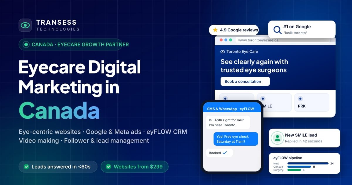 Eyecare digital marketing in Canada: eye-centric website, patient chat, Google ranking and eyFLOW CRM pipeline