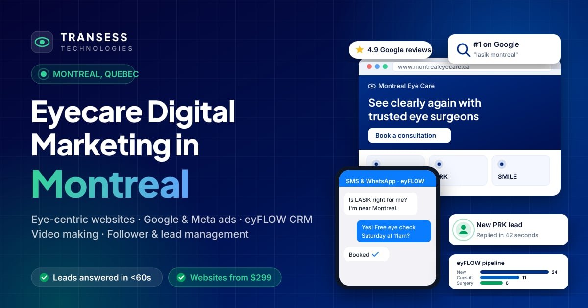 Eyecare digital marketing in Montreal: eye-centric website, patient chat, Google ranking and eyFLOW CRM pipeline