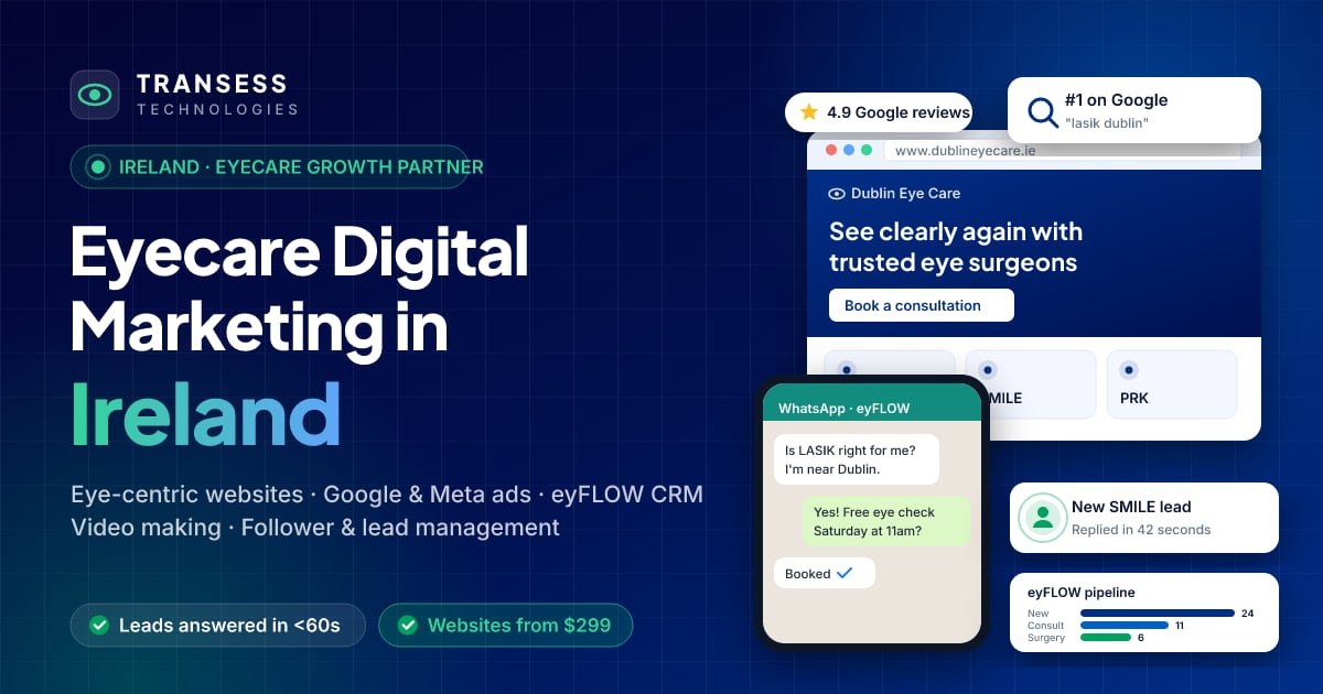 Eyecare digital marketing in Ireland: eye-centric website, patient chat, Google ranking and eyFLOW CRM pipeline