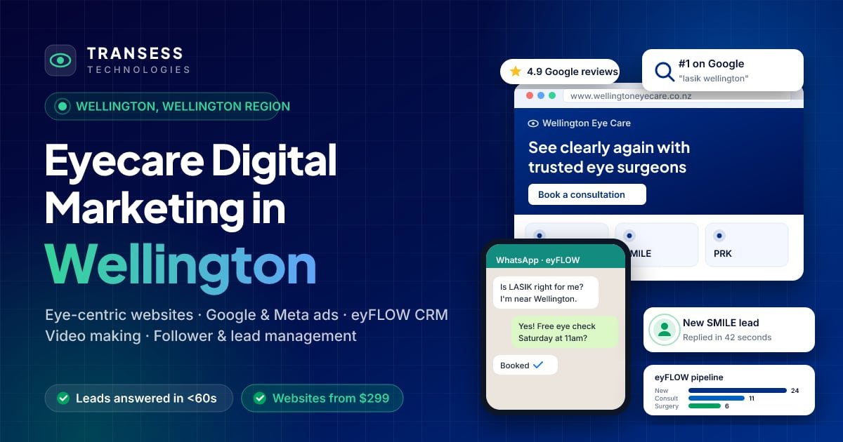 Eyecare digital marketing in Wellington: eye-centric website, patient chat, Google ranking and eyFLOW CRM pipeline