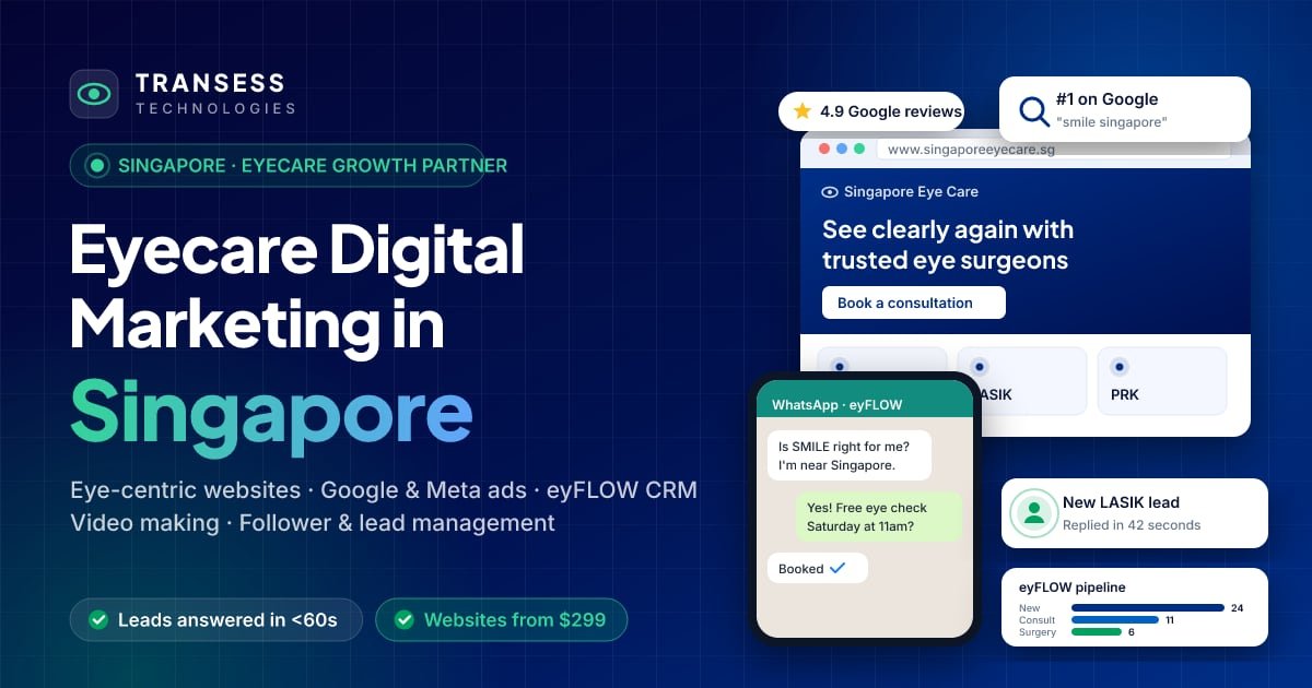 Eyecare digital marketing in Singapore: eye-centric website, patient chat, Google ranking and eyFLOW CRM pipeline