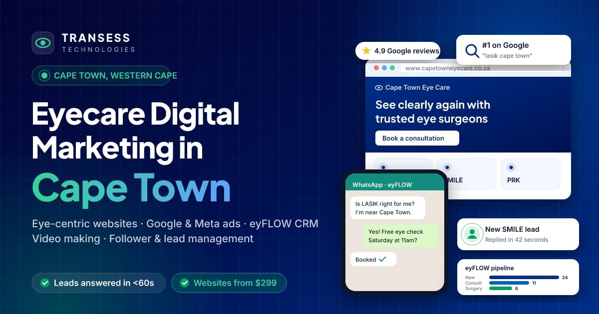 Eyecare digital marketing in Cape Town: eye-centric website, patient chat, Google ranking and eyFLOW CRM pipeline