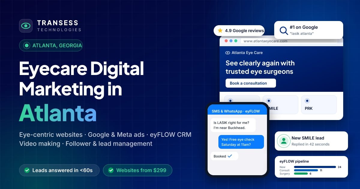 Eyecare digital marketing in Atlanta: eye-centric website, patient chat, Google ranking and eyFLOW CRM pipeline