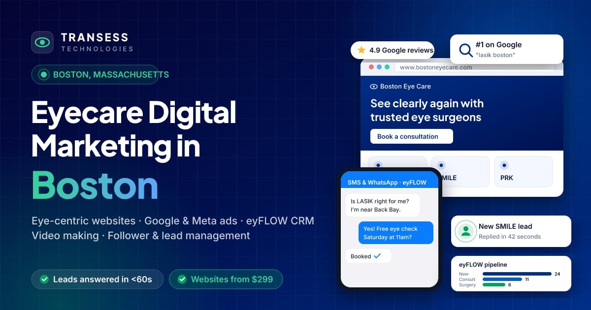 Eyecare digital marketing in Boston: eye-centric website, patient chat, Google ranking and eyFLOW CRM pipeline