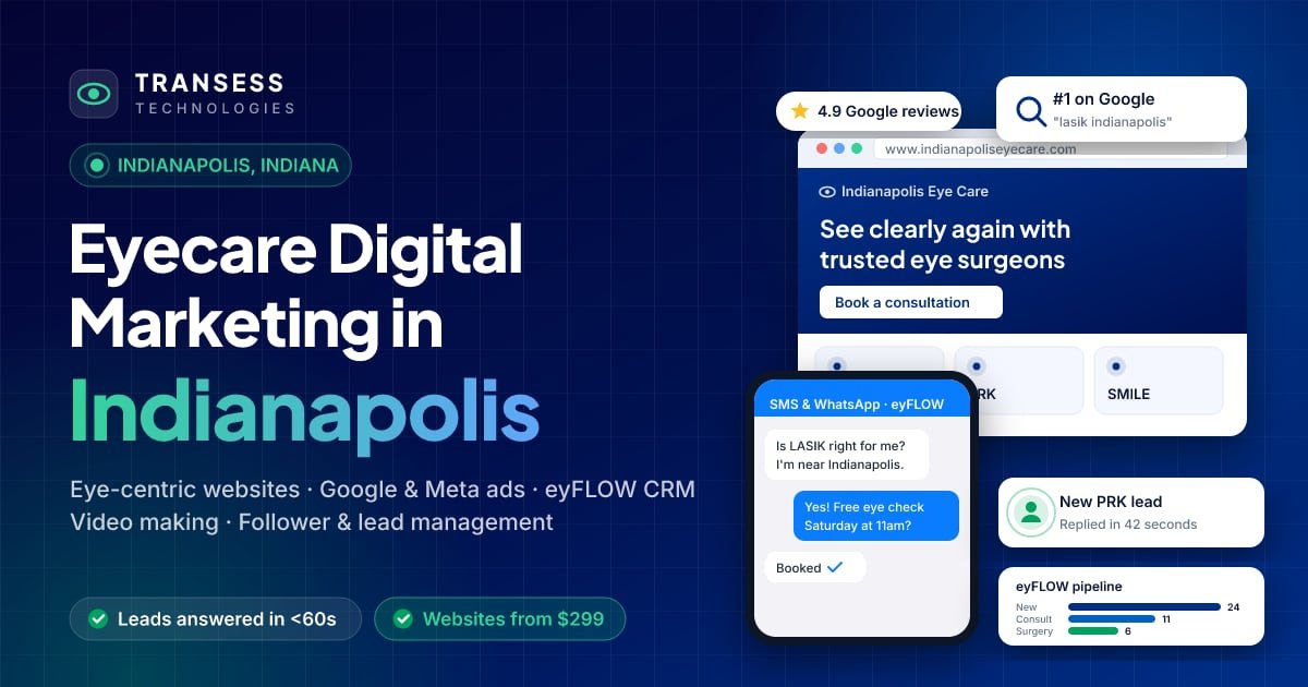Eyecare digital marketing in Indianapolis: eye-centric website, patient chat, Google ranking and eyFLOW CRM pipeline