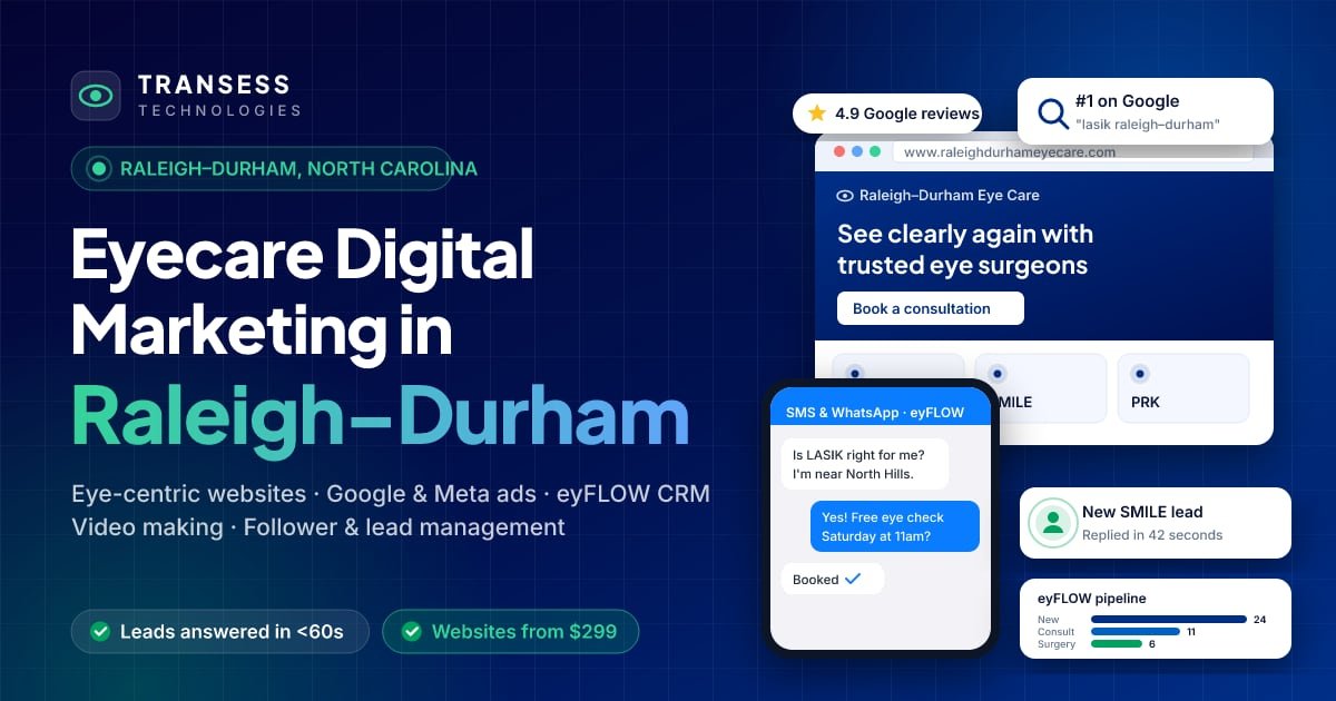Eyecare digital marketing in Raleigh–Durham: eye-centric website, patient chat, Google ranking and eyFLOW CRM pipeline