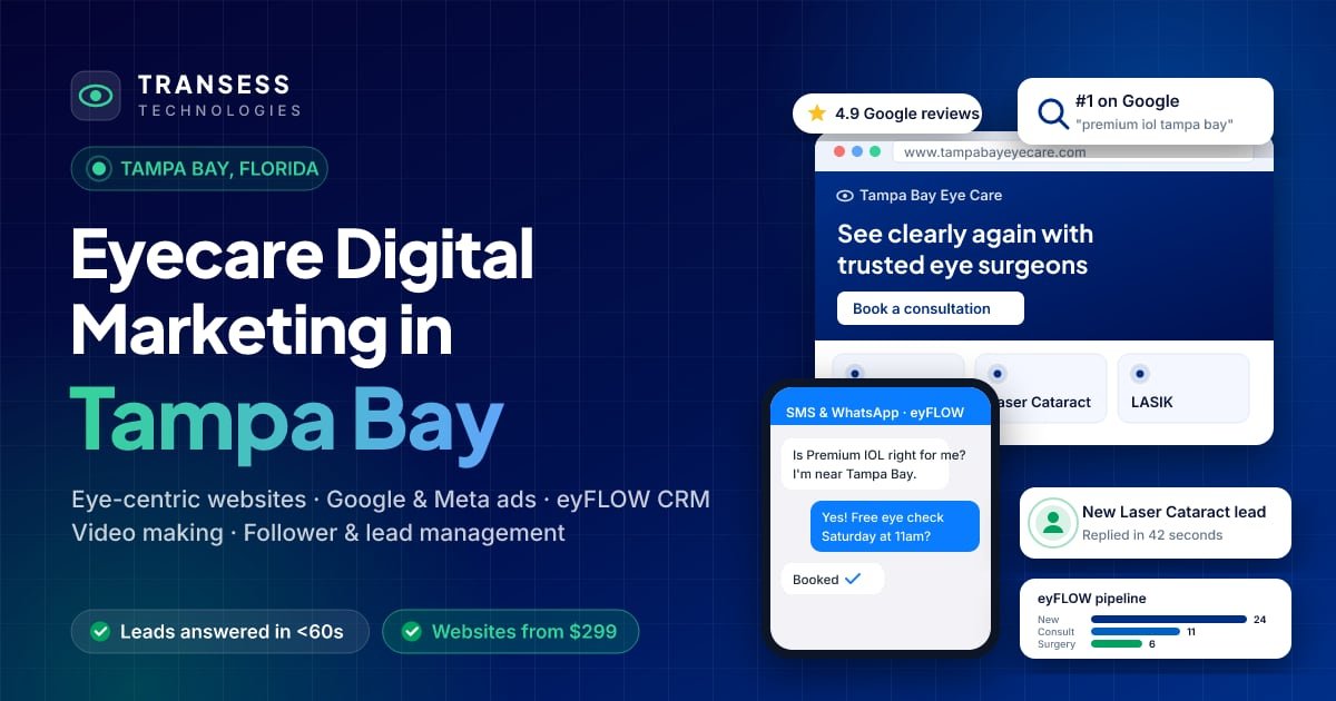 Eyecare digital marketing in Tampa Bay: eye-centric website, patient chat, Google ranking and eyFLOW CRM pipeline