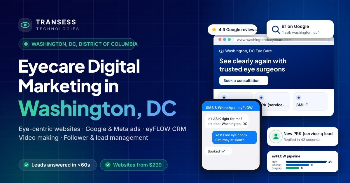 Eyecare digital marketing in Washington, DC: eye-centric website, patient chat, Google ranking and eyFLOW CRM pipeline